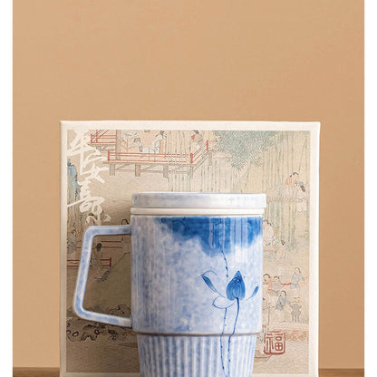 Hand-Painted Ink-Dye Blue Lotus Vertical-Ribbed Ceramic Tea Mug with Filter Lid, gallery view 5