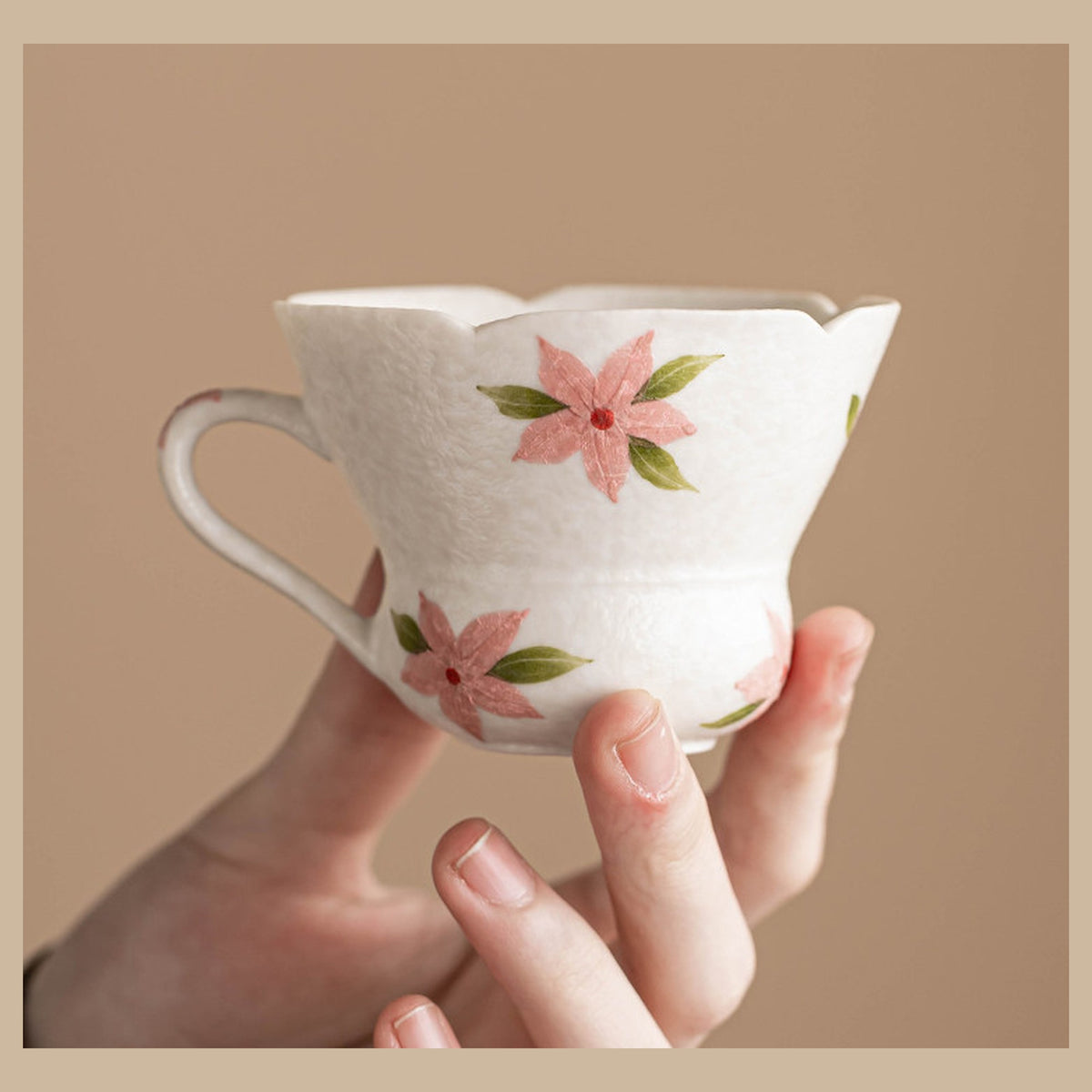 Mineral-White Hand-Painted Cherry Blossom Gourd-Mouth Handle Cup 60ml Ceramic, gallery view 2