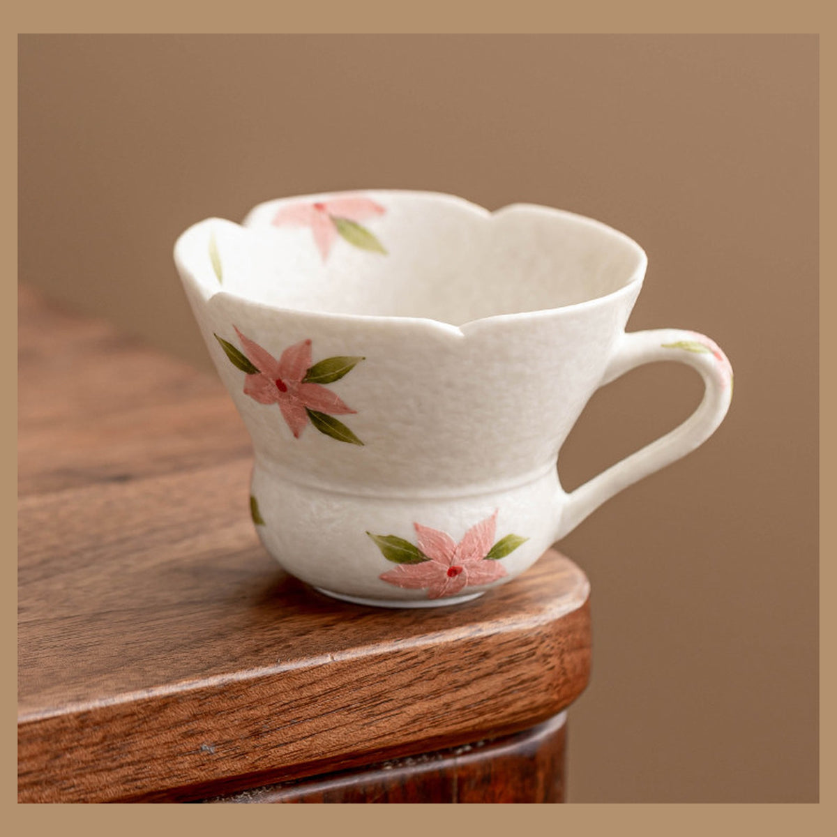 Mineral-White Hand-Painted Cherry Blossom Gourd-Mouth Handle Cup 60ml Ceramic, gallery view 3