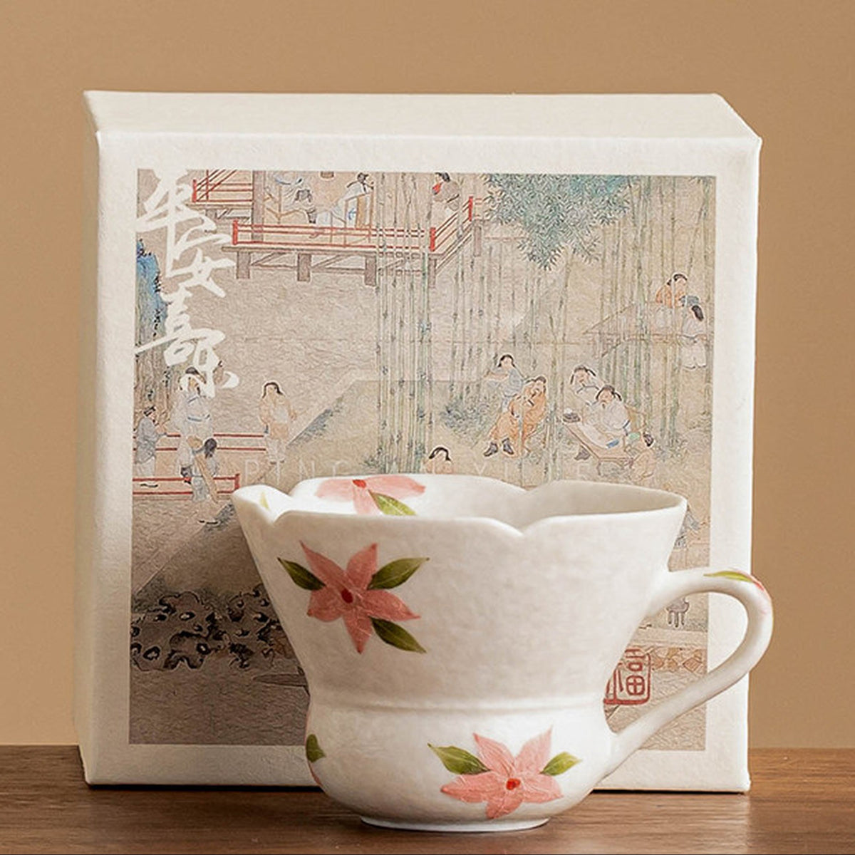 Mineral-White Hand-Painted Cherry Blossom Gourd-Mouth Handle Cup 60ml Ceramic, gallery view 7