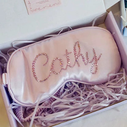 Personalized Satin Sleep Eye Mask with Custom Rhinestone Name - Customizable Sleeping Mask Gift Set with Scrunchie, Pouch & Gift Box for Women Girls Bridesmaids Birthday Travel (Purple/Pink/Navy/Gold/Silver/White)