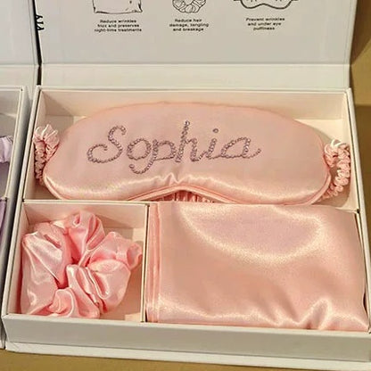Personalized Satin Sleep Eye Mask with Custom Rhinestone Name - Customizable Sleeping Mask Gift Set with Scrunchie, Pouch & Gift Box for Women Girls Bridesmaids Birthday Travel (Purple/Pink/Navy/Gold/Silver/White)