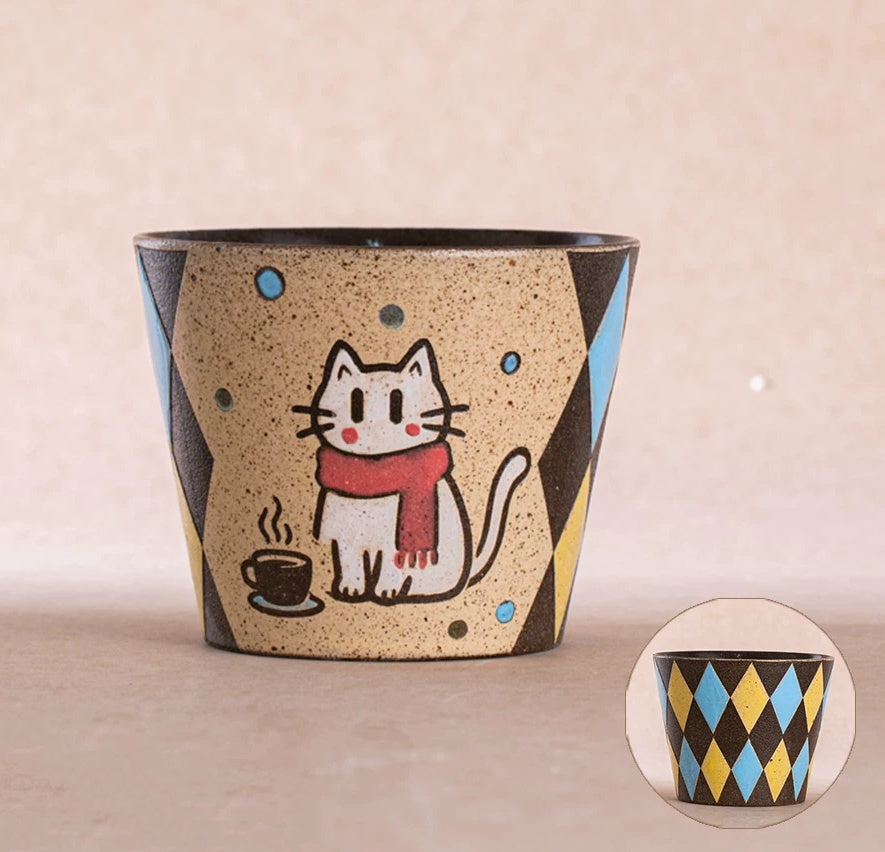 Hand-Painted Ceramic Latte Art Cup, Jingdezhen Underglaze Speckled Stoneware, Cute Cartoon Cat & Rabbit Design, Pig-Mouth Espresso Mug for Coffee Lovers ---