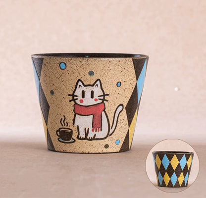 Hand-Painted Ceramic Latte Art Cup, Jingdezhen Underglaze Speckled Stoneware, Cute Cartoon Cat & Rabbit Design, Pig-Mouth Espresso Mug for Coffee Lovers ---