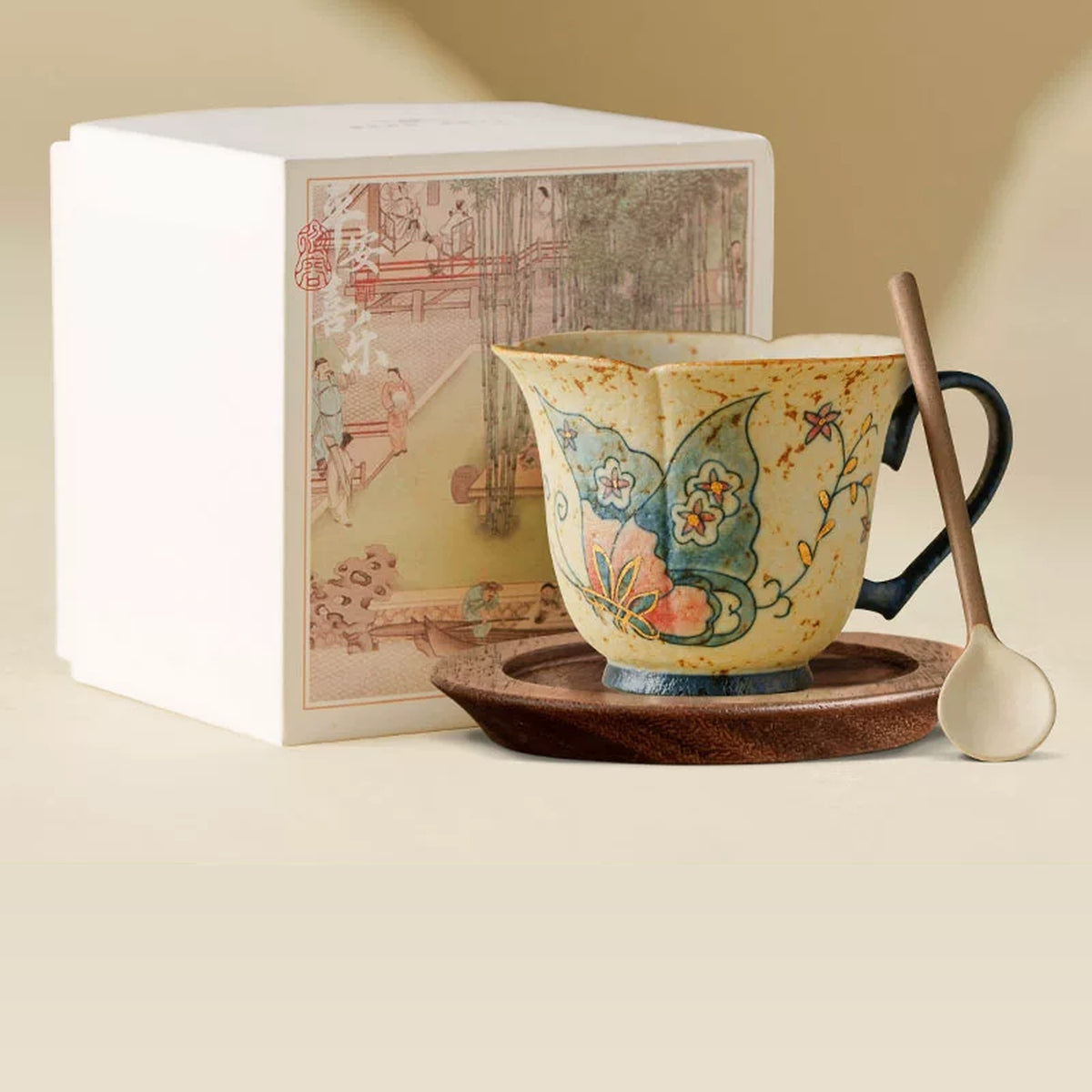 Blue White Flamestone Red Butterfly Ceramic Tea Cup Heart Handle with Walnut Wood Saucer Spoon Gift Set