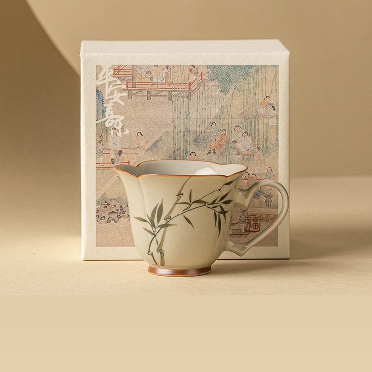 Hand-Painted Green Bamboo Ceramic Heart-Handle Tea Cup 74ml Gift Box Kung Fu Tea Cup