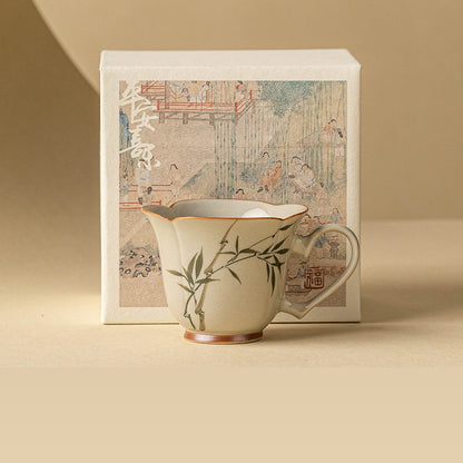 Hand-Painted Green Bamboo Ceramic Heart-Handle Tea Cup 74ml Gift Box Kung Fu Tea Cup