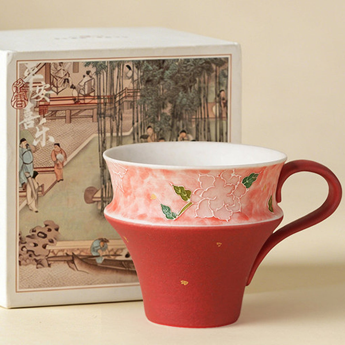 Mineral-White Gold-Flecked Peach Pink Hand-Molded Rose Ceramic Tea & Coffee Mug 240ml Guiyun Cup