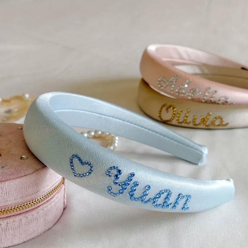 Personalized Rhinestone Name Silk Headband for Women - Custom 30 Momme Mulberry Silk Wide Padded Hair Band with Crystal Cursive Letters - Bridal Bridesmaid Wedding Birthday Gift, 5 Colors