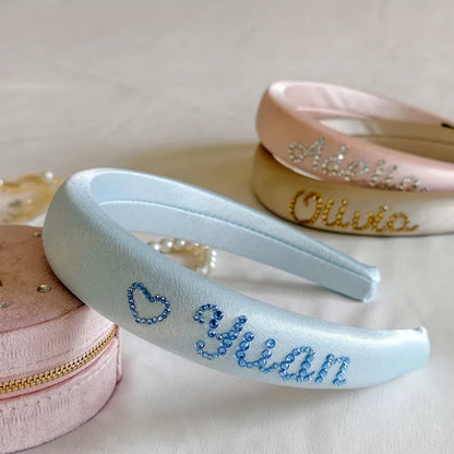 Personalized Rhinestone Name Silk Headband for Women - Custom 30 Momme Mulberry Silk Wide Padded Hair Band with Crystal Cursive Letters - Bridal Bridesmaid Wedding Birthday Gift, 5 Colors