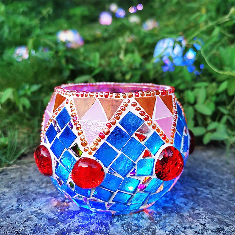 Set Of 3 Handmade Mosaic Glass Tea Light Candle Holders - Multi-Colored By Thorness