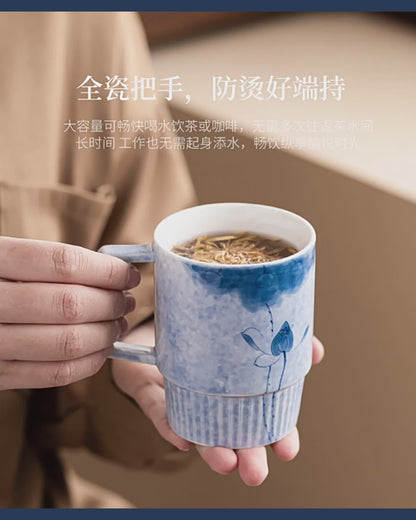 Hand-Painted Ink-Dye Blue Lotus Vertical-Ribbed Ceramic Tea Mug with Filter Lid 263ml Office Cup