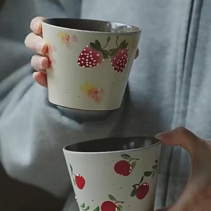 Strawberry Ceramic Coffee Mug, Jingdezhen Hand-Painted Fruit Pattern Handleless Latte Cup, 200ml 8cm Wide Mouth Coarse Speckled Stoneware Tea Cup with Dark Brown Glaze, Cute Vintage Pottery Gift for Coffee Lovers