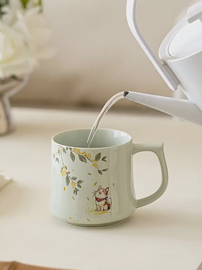 Plant-Ash Gray Osmanthus Cat Ceramic Mug 300ml Cozy Breakfast Cup for Home & Office