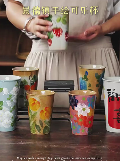 Handcrafted Ceramic Cola Mug, Chinese Retro Style, Underglaze Hand-Painted Floral Design, Rustic Clay Drinking Cup, Handleless, 8cm Wide Opening, 300ml Capacity ---