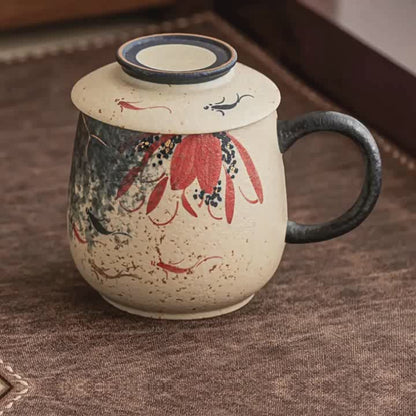 Blue & White Firestone Red Gold-Trimmed Hand-Painted Lotus & Koi Ceramic Tea Mug with Lid 234ml Office Cup