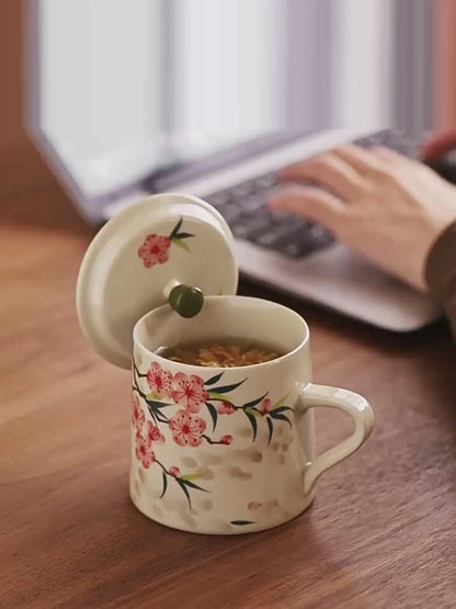 Plant-Ash Gray Hand-Painted Peach Blossom Ceramic Tea Mug with Lid 294ml Gift Box Home & Office Cup