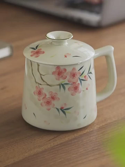 Hand-Painted Peach Blossom Ceramic Mug with Lid, 350ml Tea Strainer Set