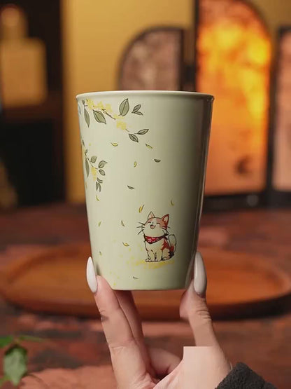 Handcrafted Ceramic Coffee Mug, Cat Design, Plant Ash Glaze, 350ml