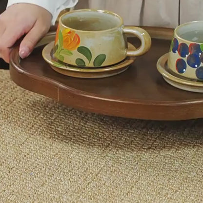 Rustic Stoneware Coffee Cup Saucer Set, Jingdezhen Hand-Painted Fruit Floral Ceramic Latte Mug, Chunky Thick Handle, 200-250ml Strawberry Grape Tulip Artisan Cup with Matching Saucer Gift Set