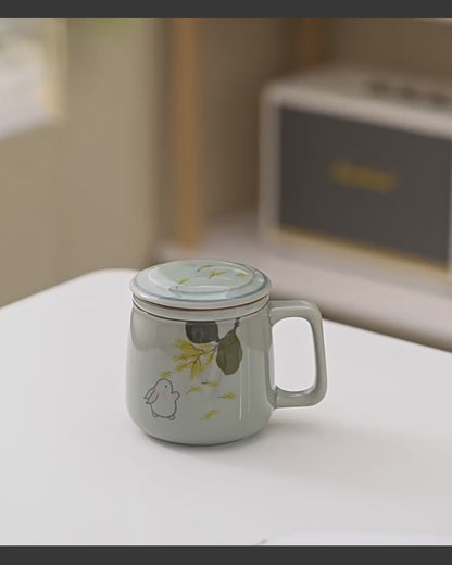 Ice-Crackle Hand-Painted Gold Osmanthus Rabbit Ceramic Office Mug with Filter 250ml Tea Separation Cup