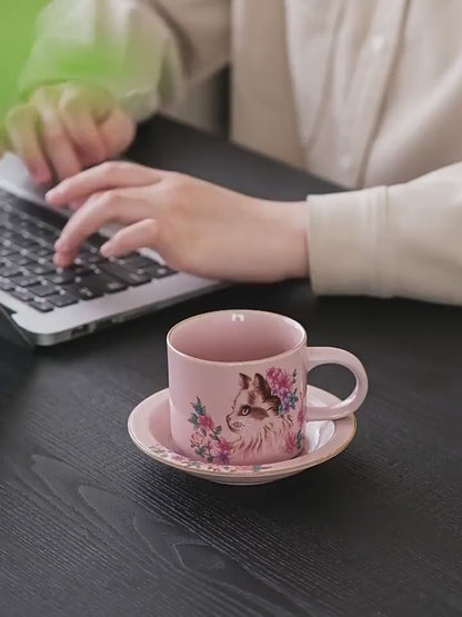 Pink Ru Glaze Ceramic Coffee Cup Set Hand-Painted Flower Cat with Saucer Spoon