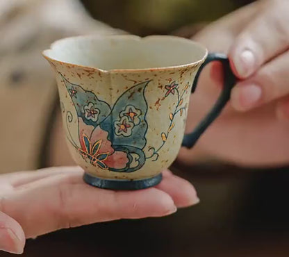 Blue White Flamestone Red Butterfly Ceramic Tea Cup Heart Handle with Walnut Wood Saucer Spoon Gift Set