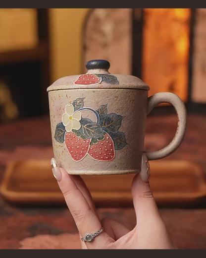 Firestone-Red Plum Pink Hand-Molded Gold-Trimmed Strawberry Ceramic Coffee Mug 260ml Yunya Teacup