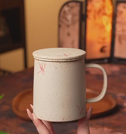 Hand-Painted Pink Orchid Ceramic Tea Mug with Ceramic Strainer Tea-Infuser Office Cup 320ml Gift Box