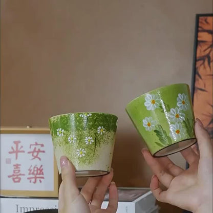 Hand-Painted Daisy Ceramic Latte Art Cup, Jingdezhen Underglaze Stoneware, 3D Raised Relief Flower Design, Pig-Mouth Espresso Mug for Coffee Lovers ---