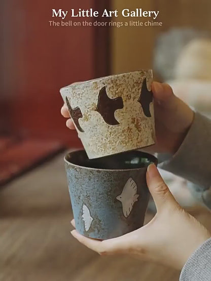 Handcrafted Ceramic Coffee Mug, Wabi-Sabi Style, Hand-Painted Seabird & Fish Underglaze Design, Rustic Coarse Ceramic, Handleless Drinking Cup, 9.5cm Wide Opening ---
