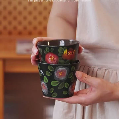 Black Stoneware Camellia Tea Cup, Jingdezhen Matte Black Pottery Hand-Painted Floral Handleless Master Cup, 150-200ml Artisan Espresso Tea Sipper, Crimson Misty Camellia Flower Chinese Gongfu Tea Cup Gift