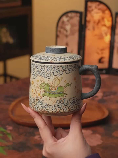 Blue & White Firestone Red Cloud Horse Fortune Hand-Painted Ceramic Tea Mug 400ml Gift Box Office Teaware