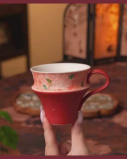 Mineral-White Gold-Flecked Peach Pink Hand-Molded Rose Ceramic Tea & Coffee Mug 240ml Guiyun Cup