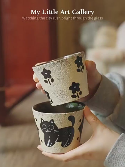 Handcrafted Ceramic Black Cat Coffee Mug, Chinese Retro Style, Underglaze Hand-Painted, Pig-Mouth Handleless Latte Art Cup, 9.5cm Wide Opening, 300ml Capacity ---