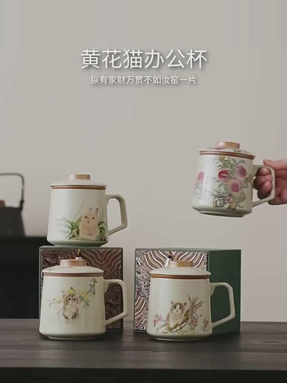 Imperial Yellow Ru Kiln Magnolia Cat Ceramic Tea Mug with Lid & Infuser 349ml Tassel Gift Box Office Cup