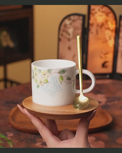 Jade-Crystal Butterfly & Rose Hand-Painted Ceramic Coffee Mug Set with Saucer and Spoon 180ml Underglaze Latte Cup