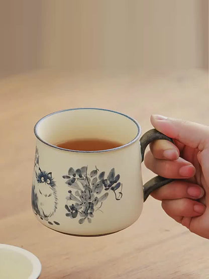 Rock Mineral White Blue-Painted Cat Ceramic Tea Mug with Lid & Infuser 344ml Gift Box Office Teaware
