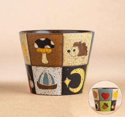 Handcrafted Ceramic Latte Art Coffee Mug, Underglaze Hand-Painted Animal Design, Retro Chinese Style, Pig-Mouth Handleless Cup, 9.5cm Opening, 300ml Capacity ---