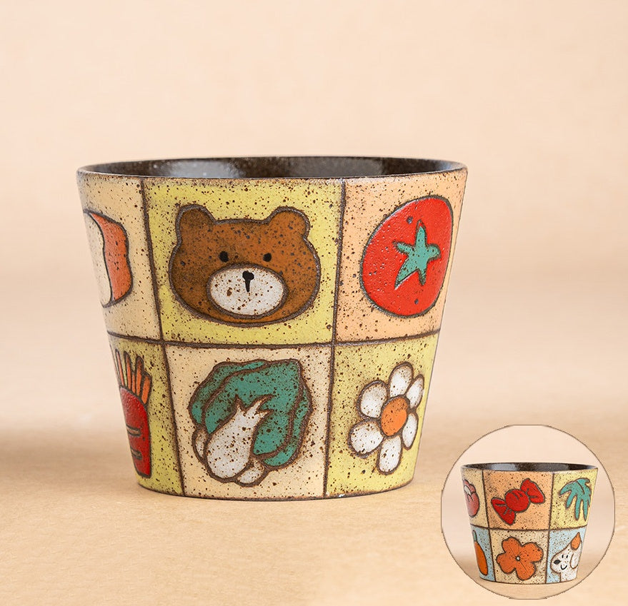 Handcrafted Ceramic Latte Art Coffee Mug, Underglaze Hand-Painted Animal Design, Retro Chinese Style, Pig-Mouth Handleless Cup, 9.5cm Opening, 300ml Capacity ---