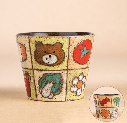 Handcrafted Ceramic Latte Art Coffee Mug, Underglaze Hand-Painted Animal Design, Retro Chinese Style, Pig-Mouth Handleless Cup, 9.5cm Opening, 300ml Capacity ---